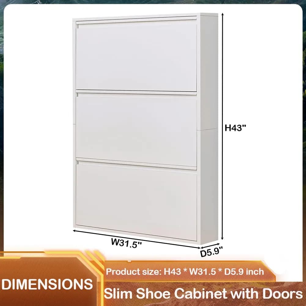 Armoire à chaussures avec 3 tiroirs rabattables, étagère à chaussures dissimulée en MDF, rangement mural fin et étroit pour entrée, capacité de 36 à 49 paires