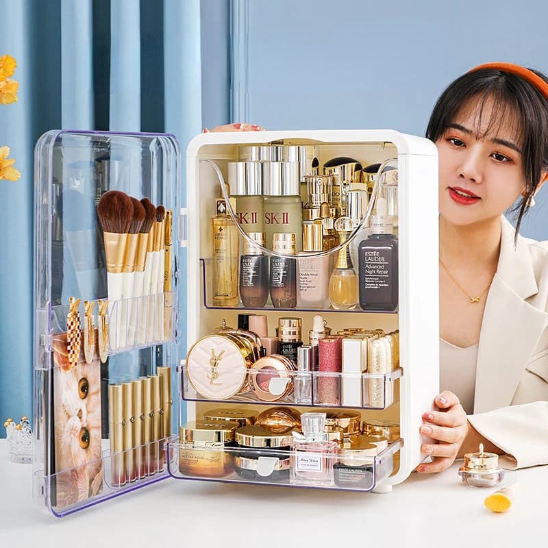 Grande boîte de rangement de cosmétiques, légère, capacité de bureau de luxe, support de rangement anti-poussière, vanité domestique, rouge à lèvres, boîte de rangement de cosmétiques