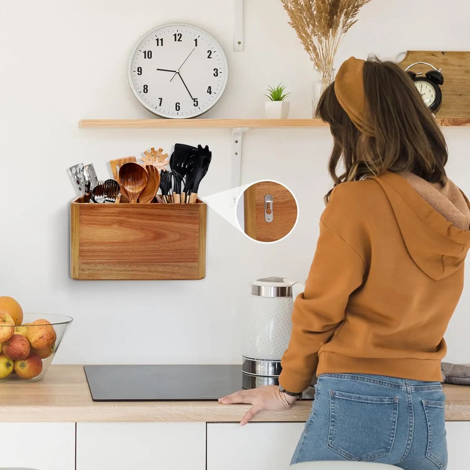 Organisateur de rangement d'ustensiles en bois, comptoir avec 3 compartiments réglables, porte-couverts de cuisine, organisateur de caddie en argenterie