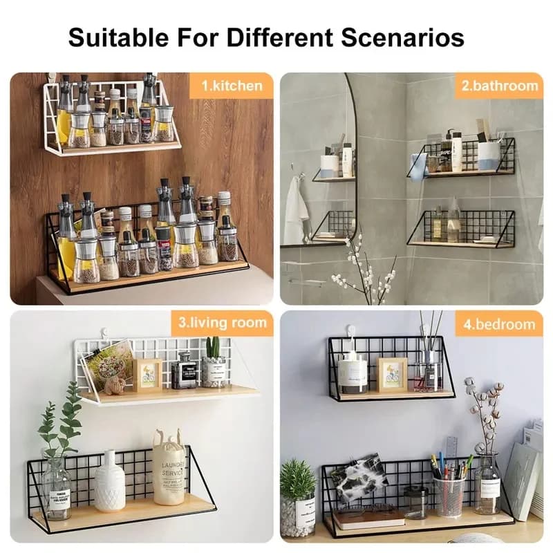Étagère murale en bois avec panier de rangement, installation sans perçage, idéale pour l'organisation de la chambre et du salon