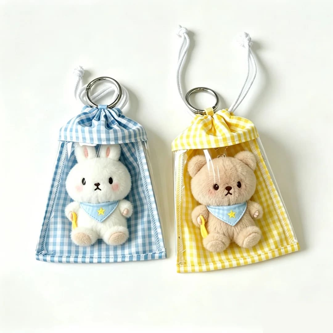 Sac de présentation pour jouets en peluche, sac de rangement à cordon de serrage à motif quadrillé visible, housse de protection anti-poussière, adapté au rangement des poupées en peluche, sac de tran