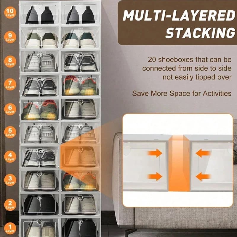 Boîte à chaussures empilable 6/12 pièces avec porte rabattable-convient au dortoir familial, boîte de rangement transparente peu encombrante
