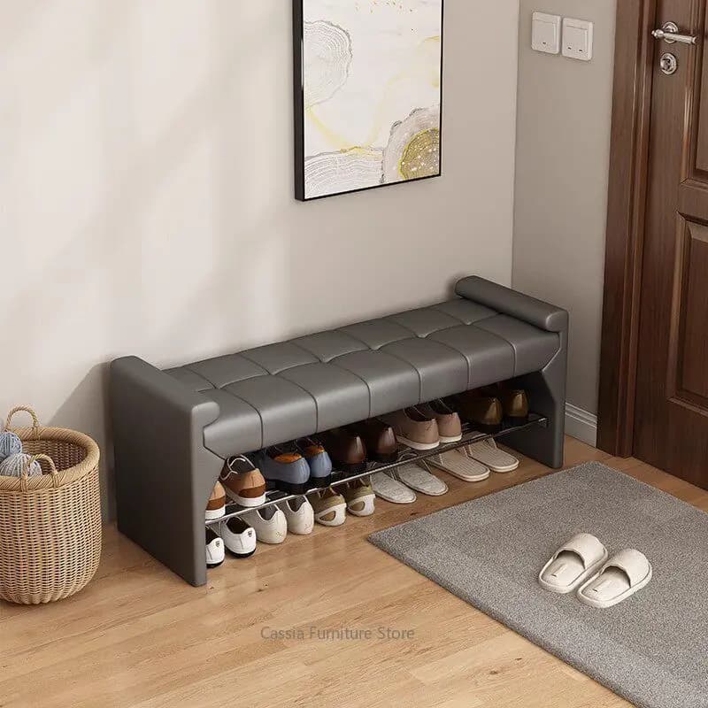 Banc à chaussures en cuir haut de gamme pour entrée, longue banquette avec rangement pour chambre, organisateur de couloir rustique et moderne pour porte d'entrée