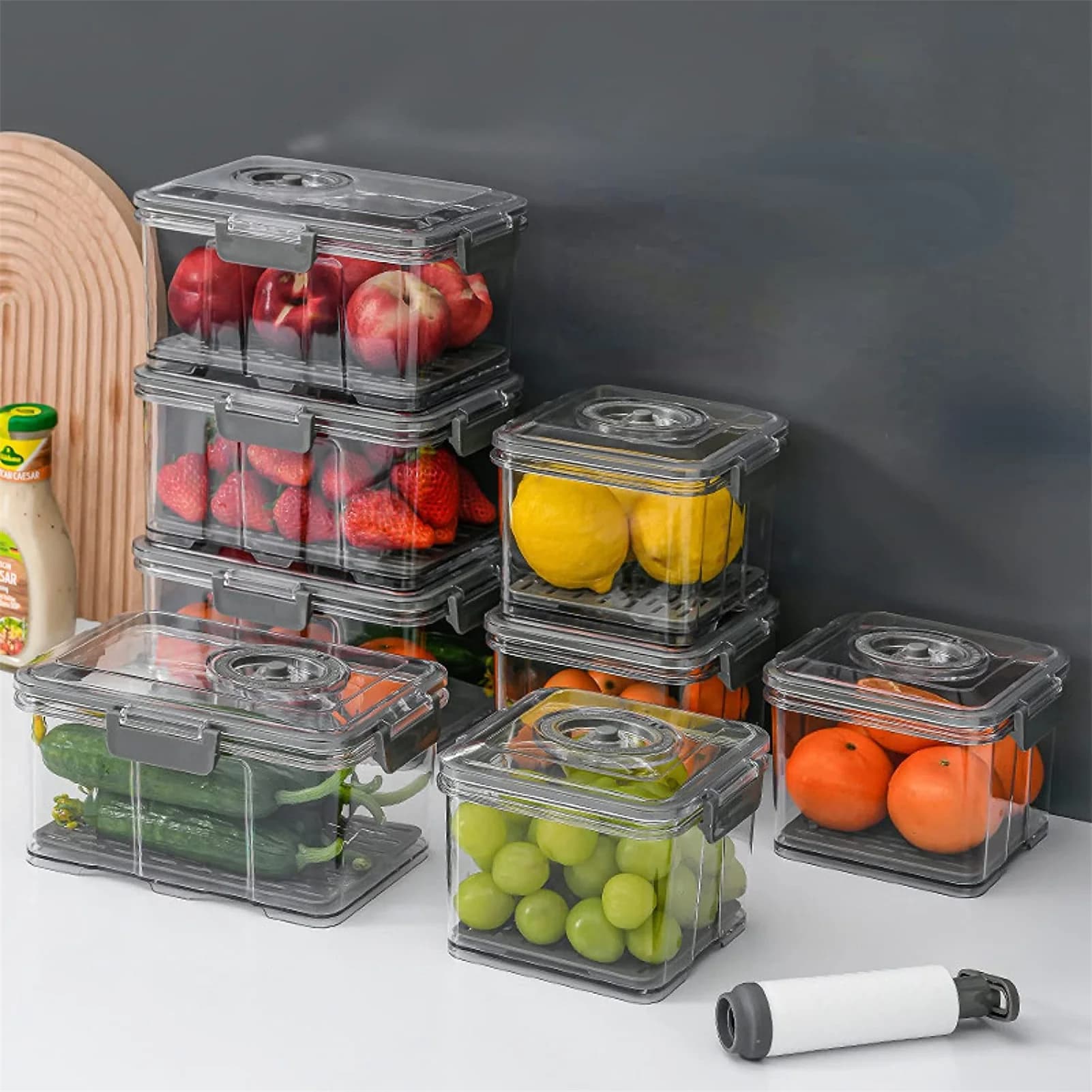 Conteneur de stockage des aliments sous vide, organisateur de réfrigérateur Transparent avec filet de vidange, distributeur de nourriture de grande capacité pour boîte de rangement de cuisine