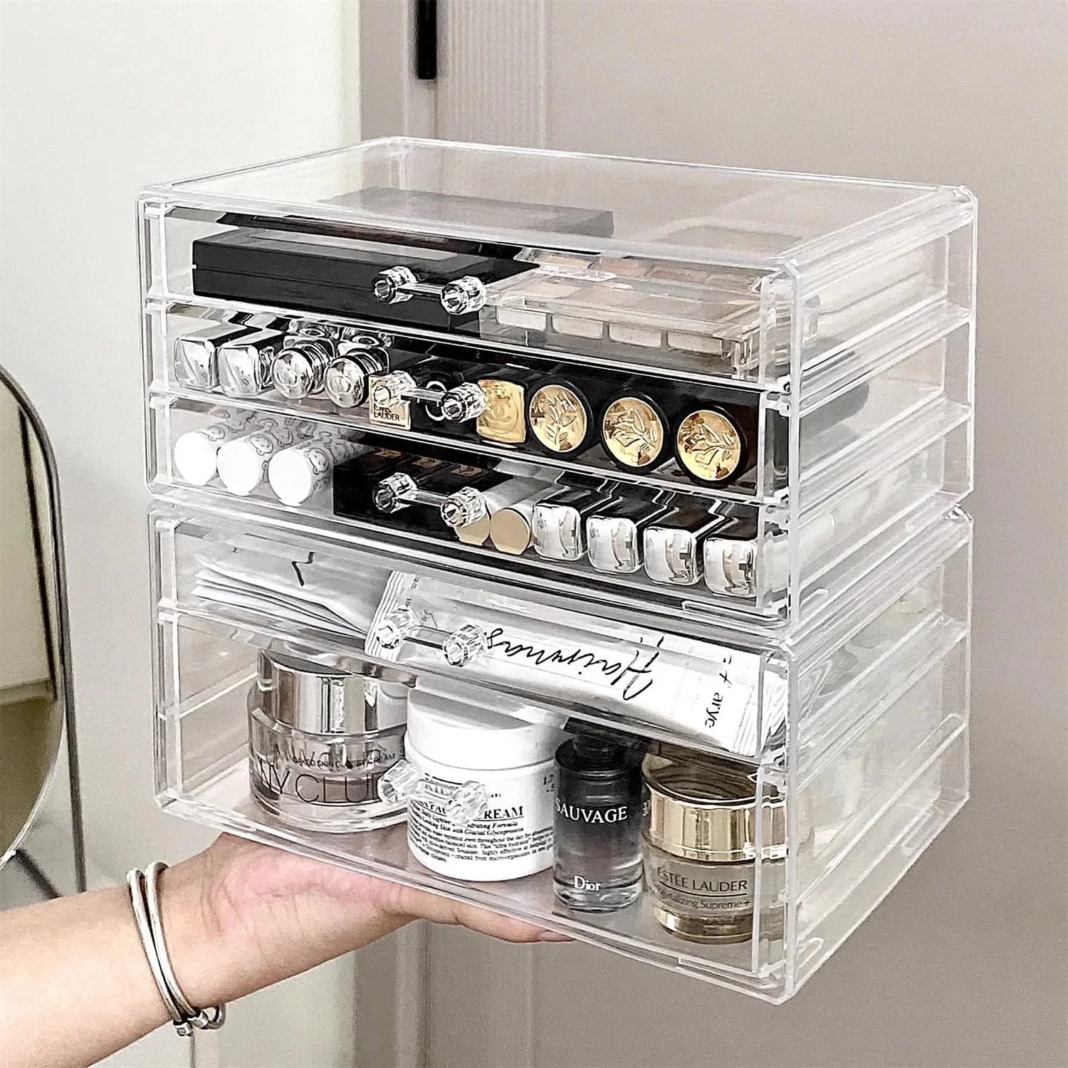 Boîte de rangement cosmétique de style tiroir pour bureau, anti-poussière, organisateur de pinceaux de maquillage, support pour bijoux et accessoires, en matériau PP