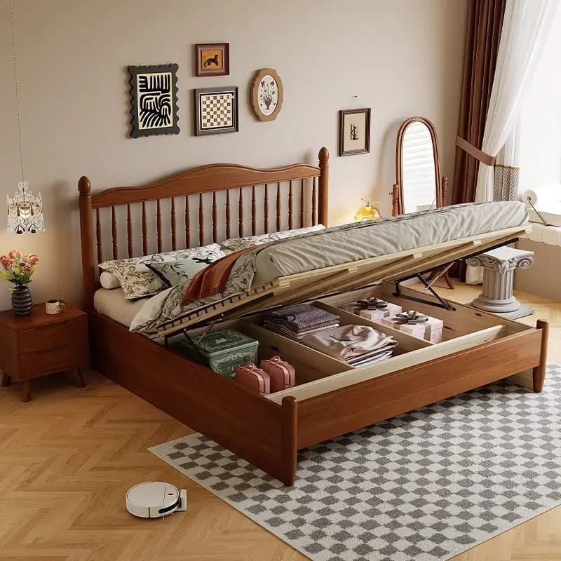 Lit de rangement moderne et minimaliste en bois massif avec tête de lit à tiges, vérin à gaz et tiroirs latéraux, cadre de lit double