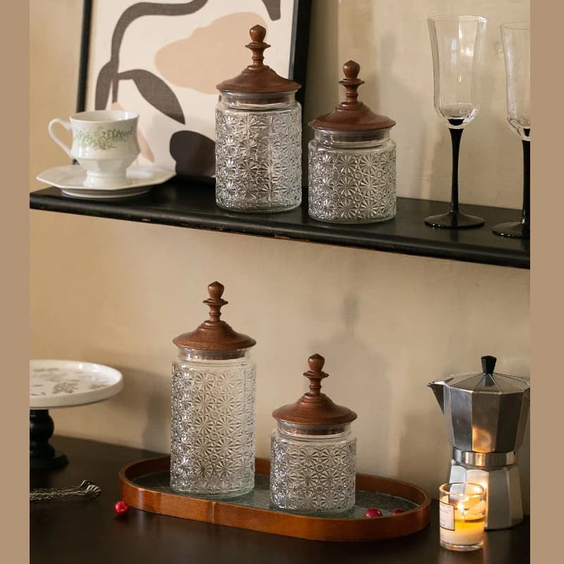 Bouteille de stockage en verre avec couvercle en bois de santal, excavatrice, bocal scellé, stockage de cuisine, boîtes de bonbons, vintage, stockage de grains de café