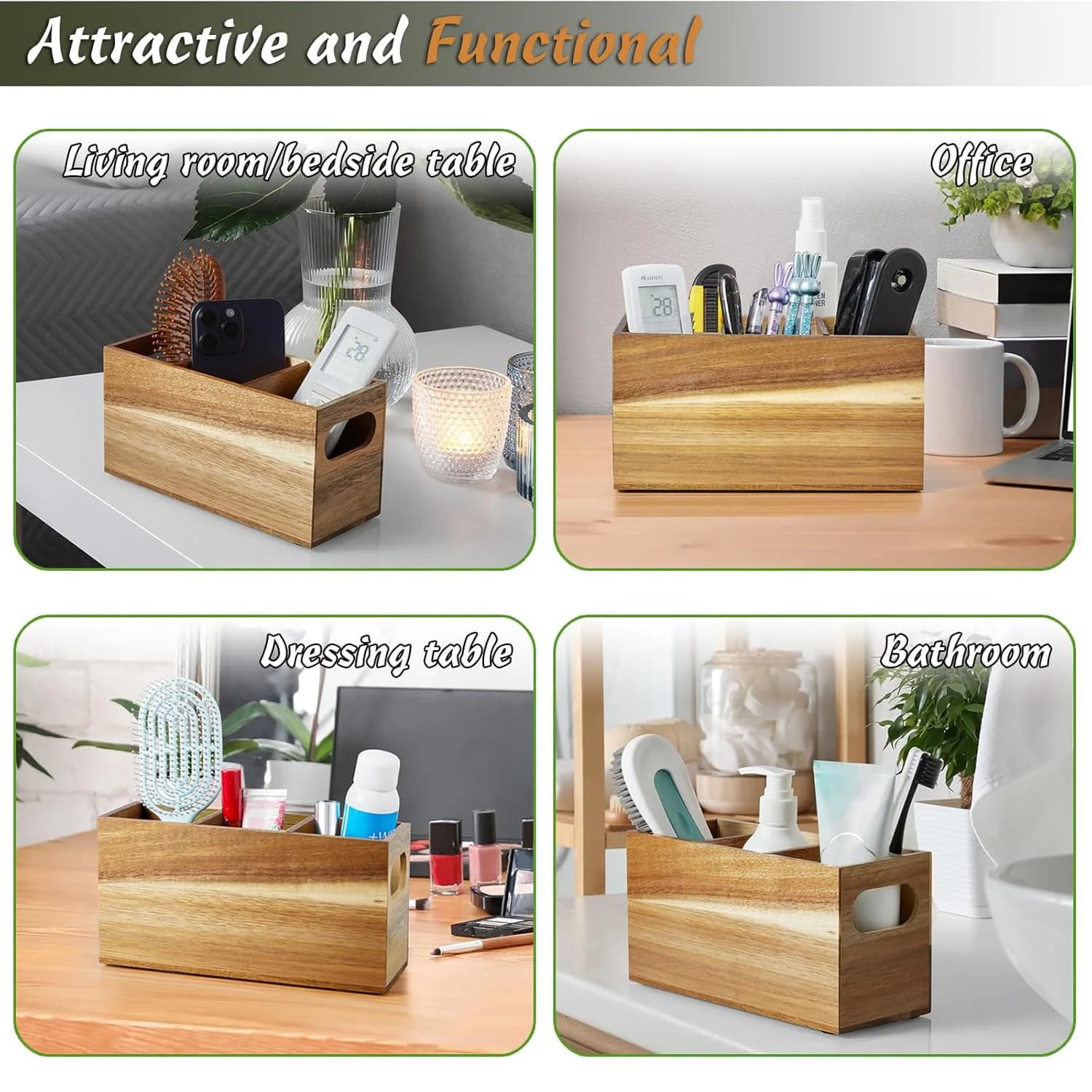 Organisateur de rangement d'ustensiles en bois, comptoir avec 3 compartiments réglables, porte-couverts de cuisine, organisateur de caddie en argenterie