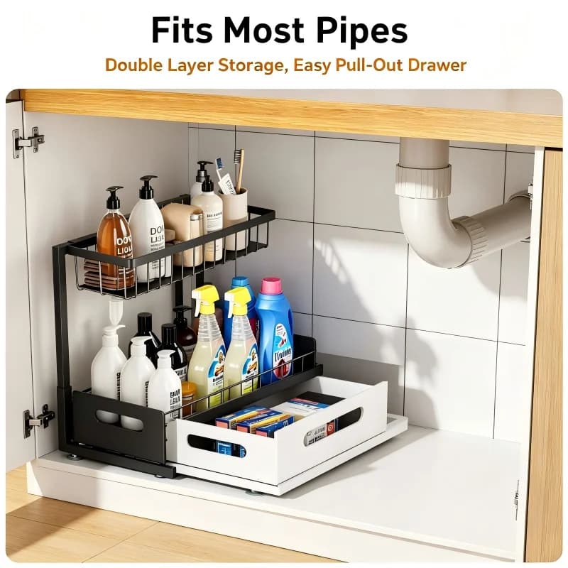 Organisateur coulissant à 2 niveaux sous l'évier, panier de rangement extractible, tiroir de rangement multifonctionnel pour cuisine et salle de bain