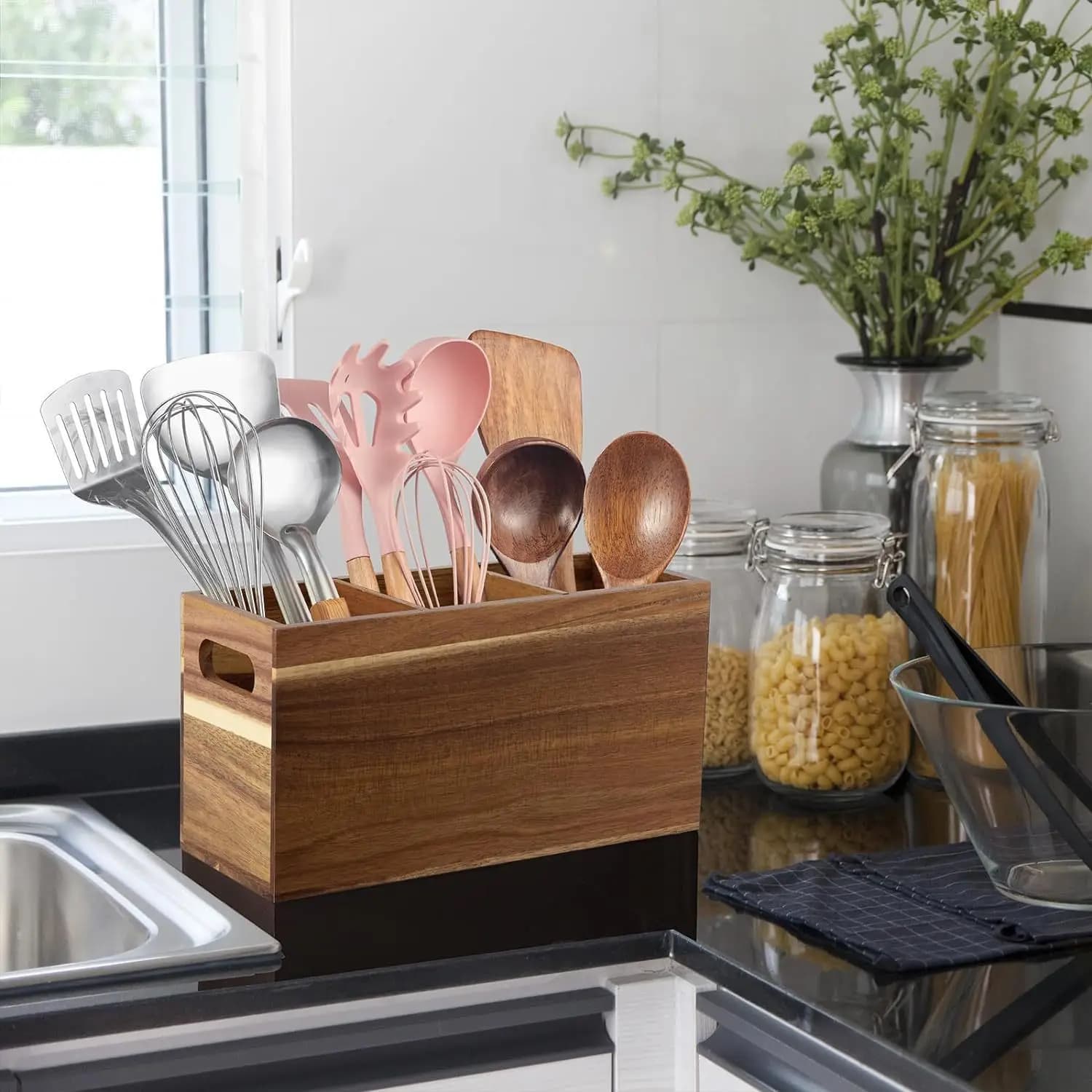 Organisateur de rangement d'ustensiles en bois, comptoir avec 3 compartiments réglables, porte-couverts de cuisine, organisateur de caddie en argenterie