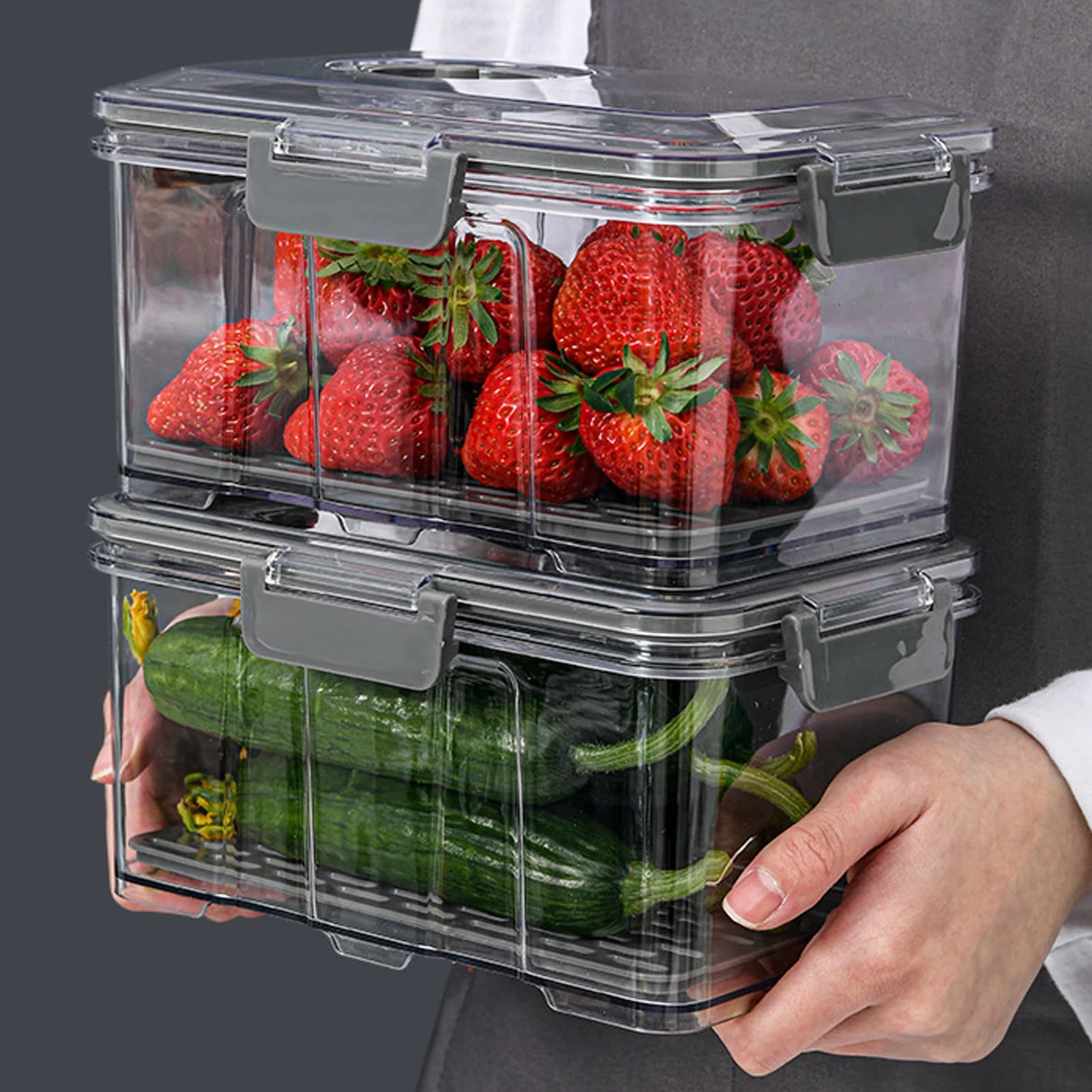 Conteneur de stockage des aliments sous vide, organisateur de réfrigérateur Transparent avec filet de vidange, distributeur de nourriture de grande capacité pour boîte de rangement de cuisine