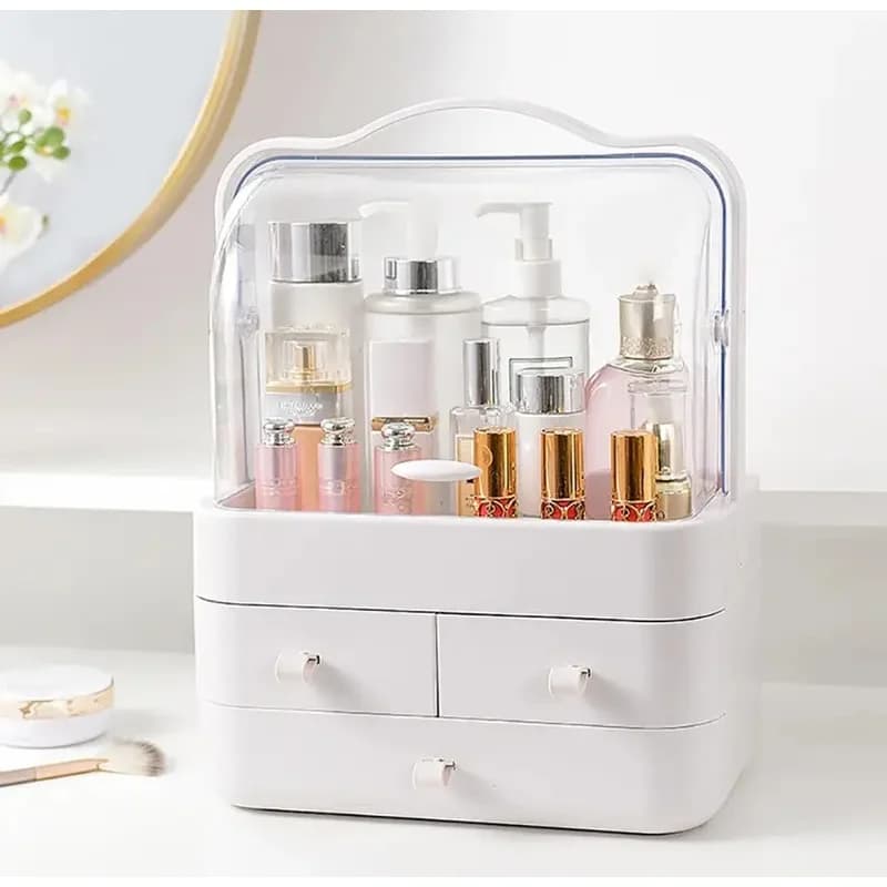 Organisateur de Comptoir de Coiffeuse avec Couvercle, Tiroir Étanche et Anti-Poussière, Boîte de Rangement pour Soins de la Peau, Présentoir de Maquillage
