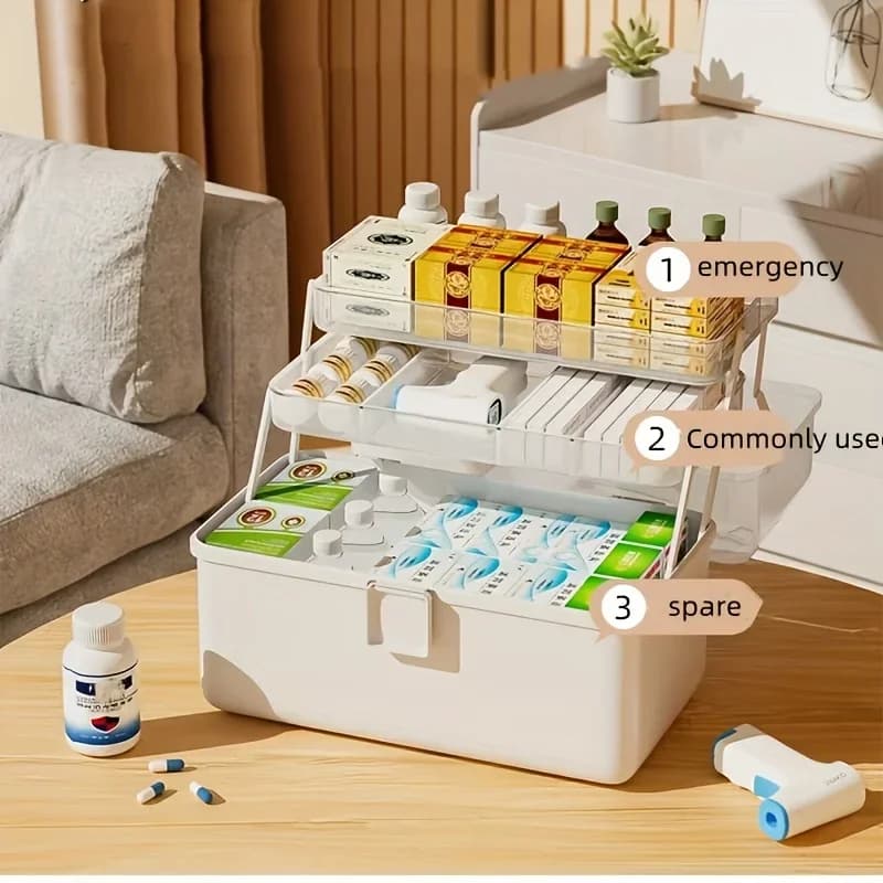 NOUVEAU Grand coffre de rangement domestique avec poignée, boîte à médicaments, boîte de rangement multicouche anti-humidité et anti-poussière pour l'épicerie, rangement domestique