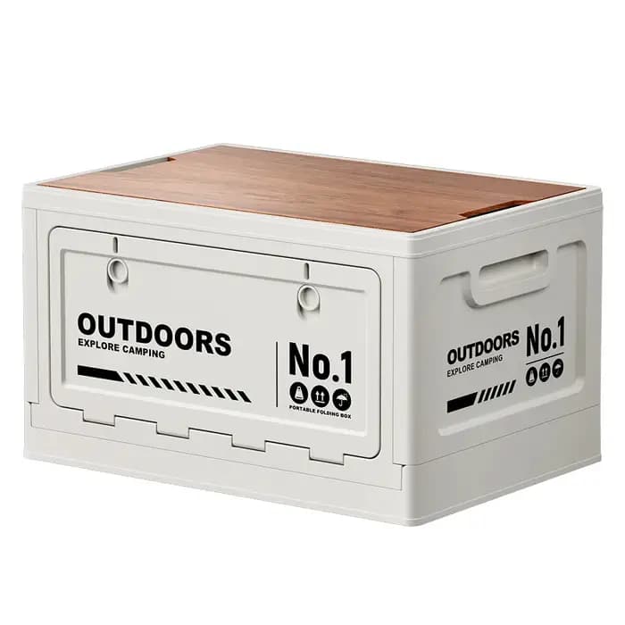 Boîte de rangement de camping d'extérieur grande capacité, pliable avec couvercle en bois, multifonctionnelle pour coffre de voiture, idéale pour le camping et les pique-niques