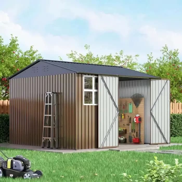 Abri de rangement extérieur, grand hangar de jardin en métal avec fenêtres à structure de cadre mis