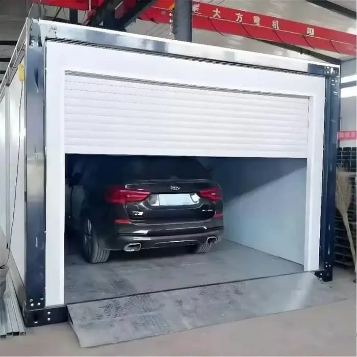 Garage conteneur FL pratique et préfabriqué pour le stockage quotidien des voitures familiales, espace de stationnement dans la cour.