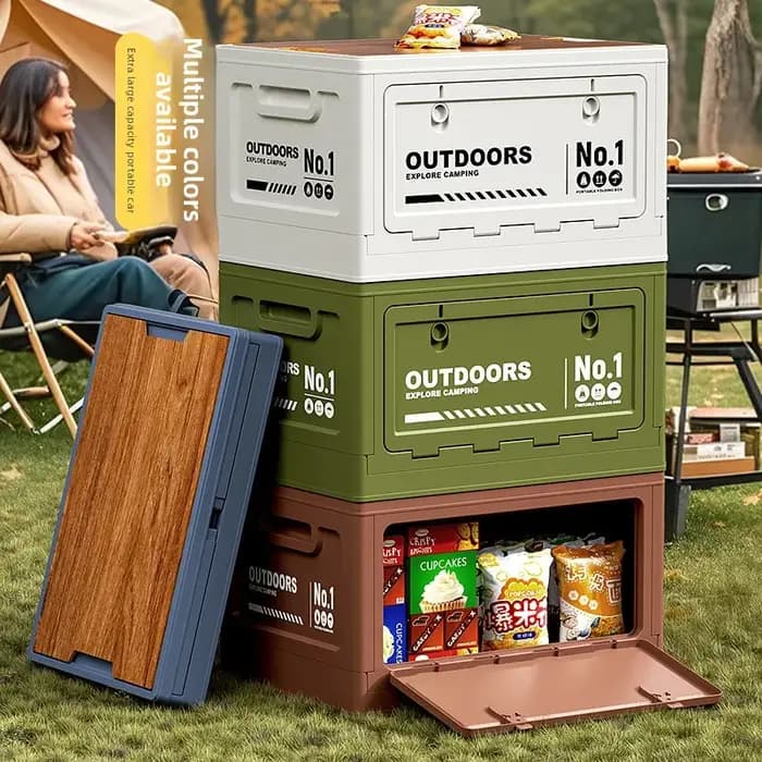 Boîte de rangement de camping d'extérieur grande capacité, pliable avec couvercle en bois, multifonctionnelle pour coffre de voiture, idéale pour le camping et les pique-niques