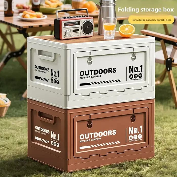 Boîte de rangement de camping d'extérieur grande capacité, pliable avec couvercle en bois, multifonctionnelle pour coffre de voiture, idéale pour le camping et les pique-niques